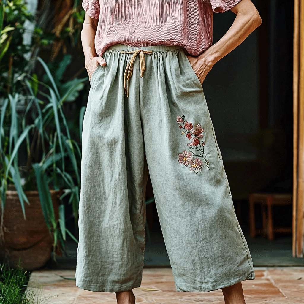 Women's Linen Bohemian Floral Casual 9-point Simple Harem Trouser Pants