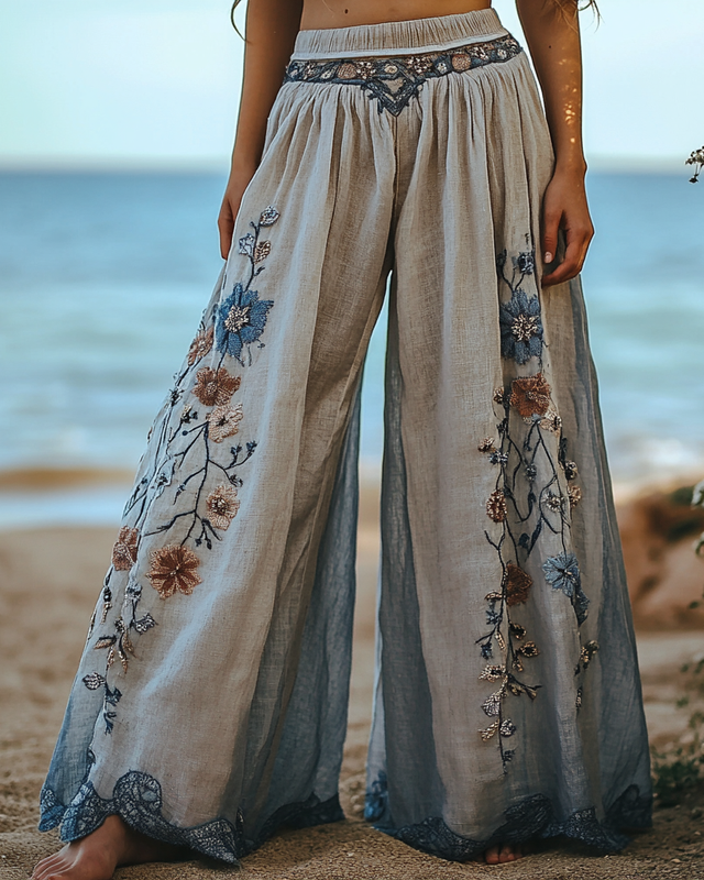 Summer Vacation Lace Handmade Floral Embroidery Pants 1c07