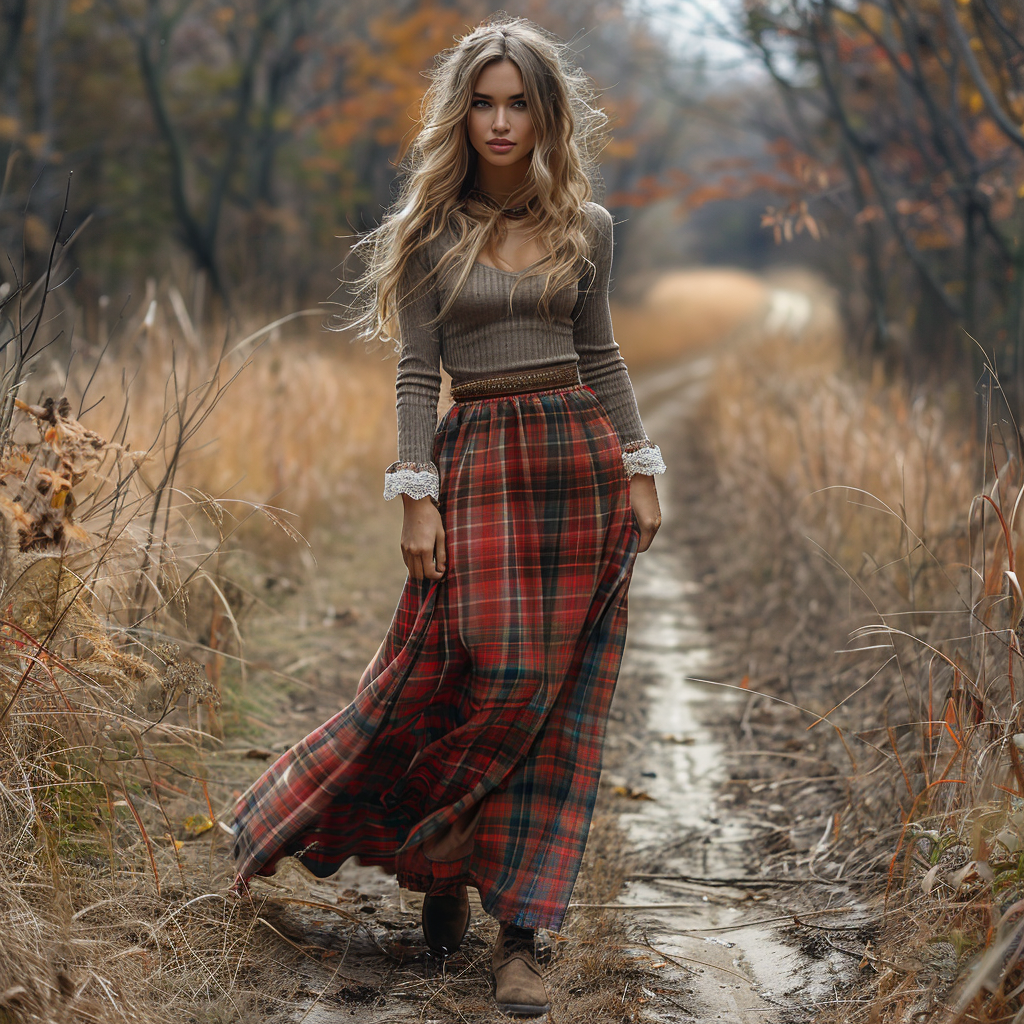 Women's Retro Plaid V-neck Long-sleeve Long Skirt Pastoral Style Maxi Long Dress
