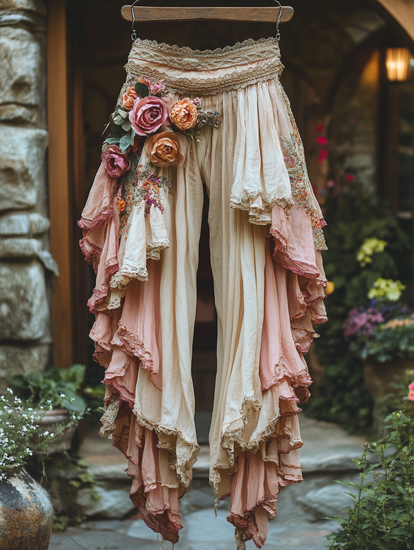 Summer ruffled cotton and linen patchwork contrast color pants b37d