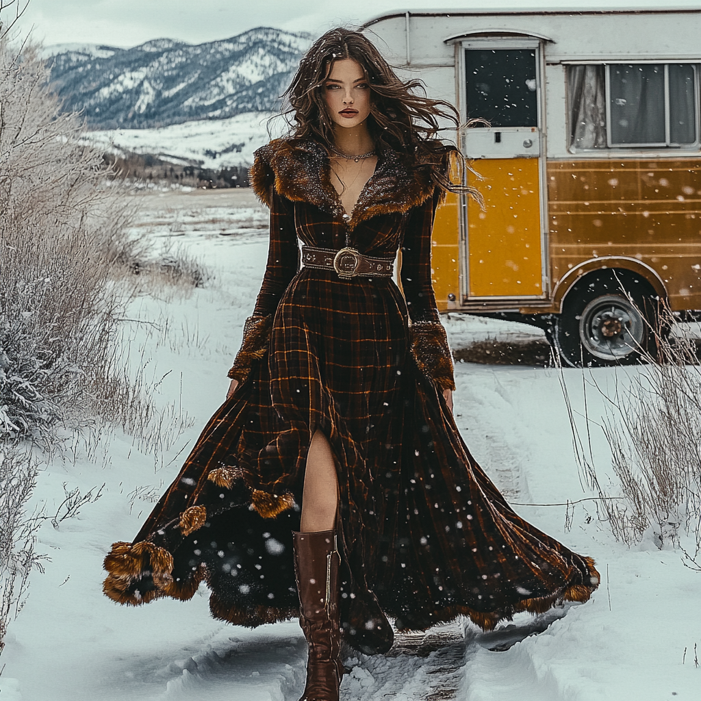 Western Classic Autumn And Winter Velvet Warm Plush Retro Long Sleeve Temperament Dress
