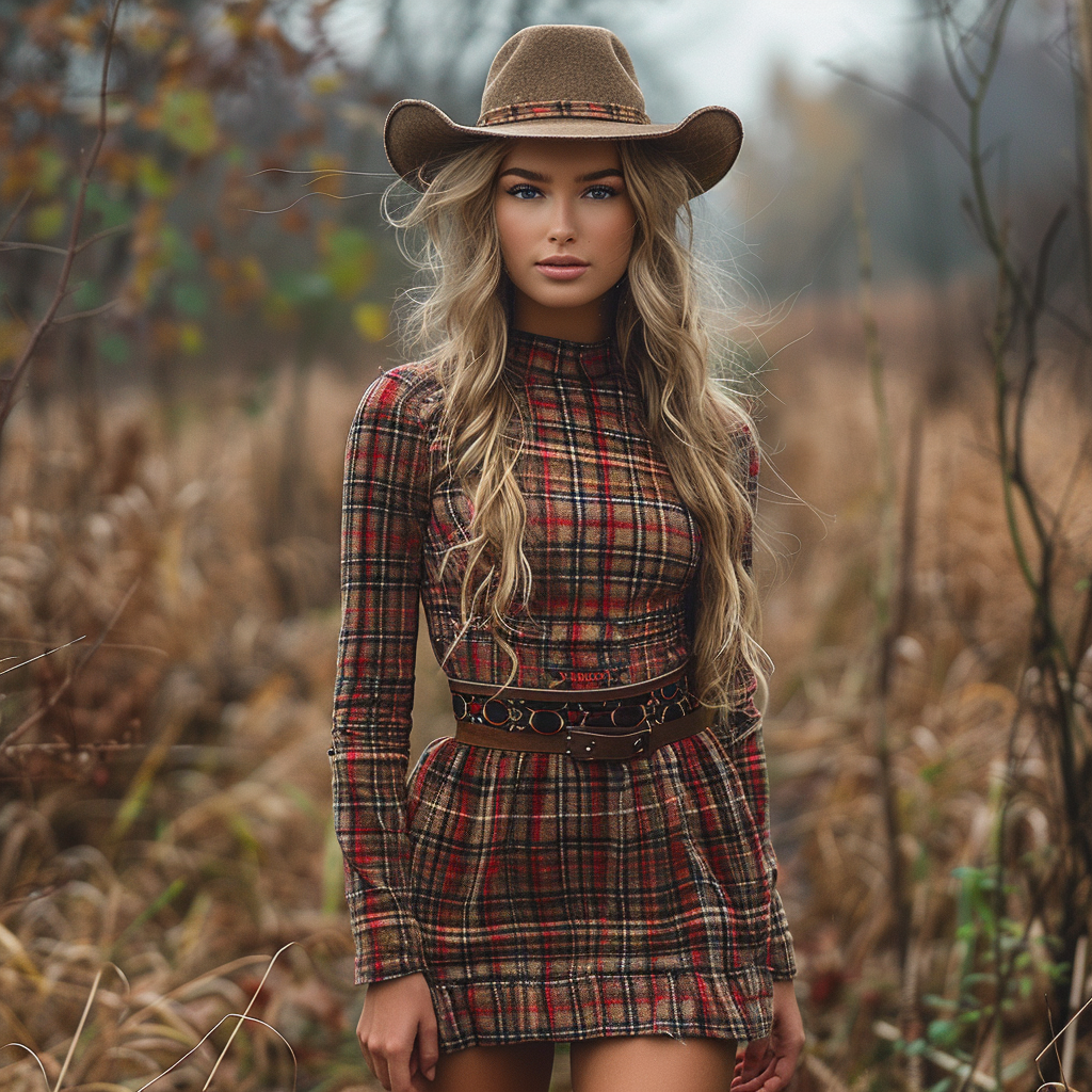 Women's Retro Plaid Pastoral Denim Style Long-sleeve Mini Short Dress