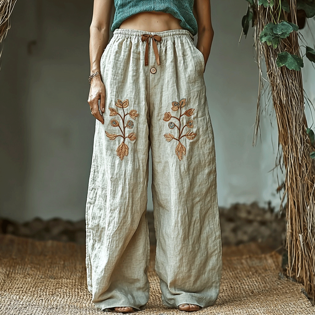 Women's Linen Bohemian Leaf Casual Harem Trouser Pants