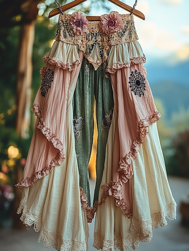 Summer ruffled cotton and linen patchwork contrast color pants 421d