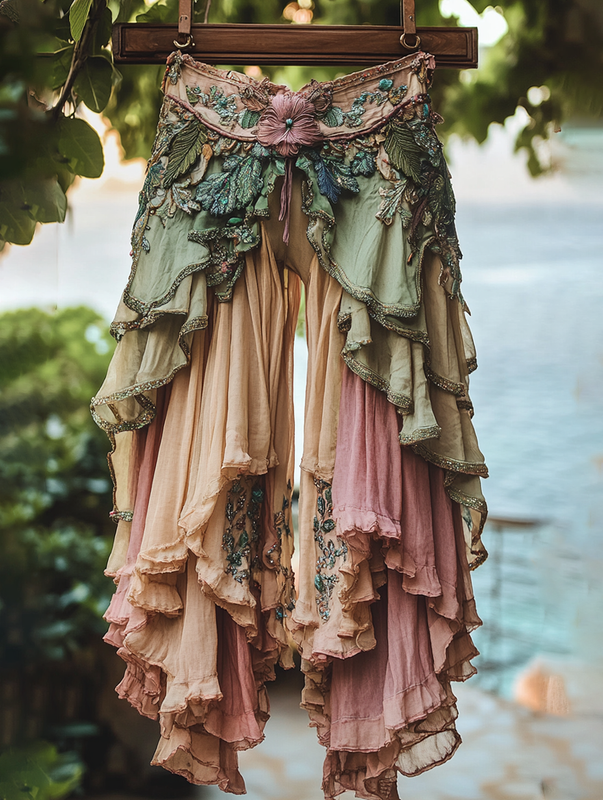 Summer ruffled cotton and linen patchwork contrast color pants c081