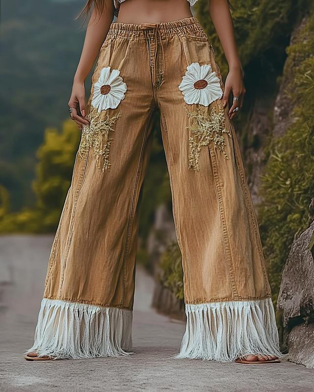 Vintage Loose Casual Floral Printed Tassel Pants 6a7d