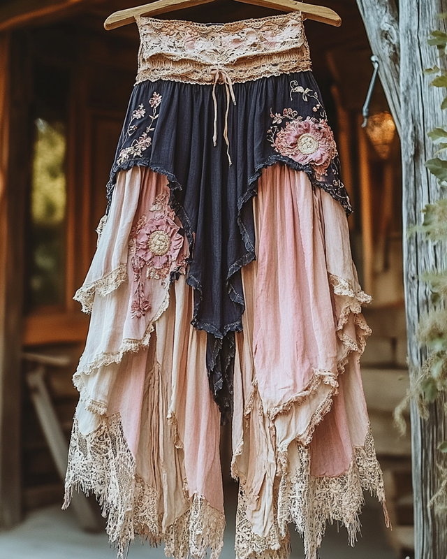 Summer ruffled cotton and linen patchwork contrast color pants fc6b