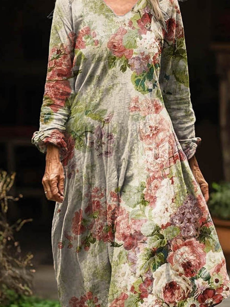 Women's Vintage Lovely Floral Art Print Pocket Cotton Dress