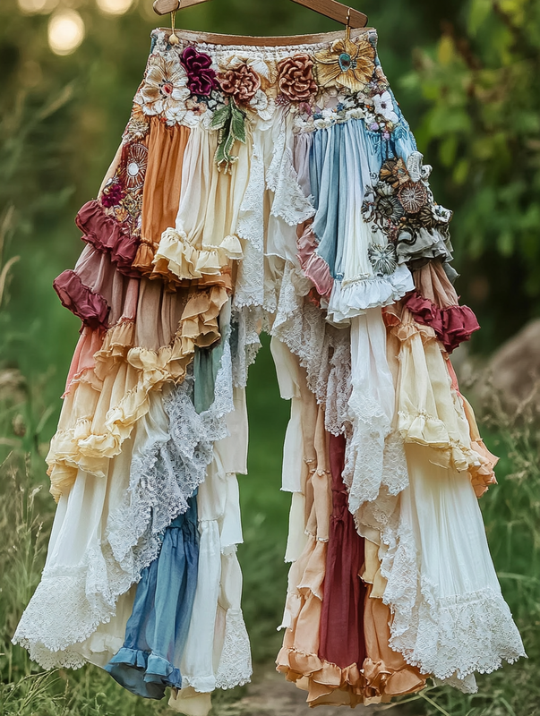 Summer rainbow lace hand-embroidered patchwork pants 4f8e