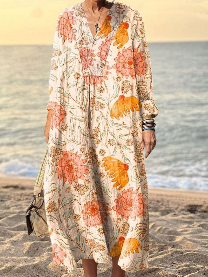 Women's Bright Floral Art Print V Neck Long Sleeve Dress