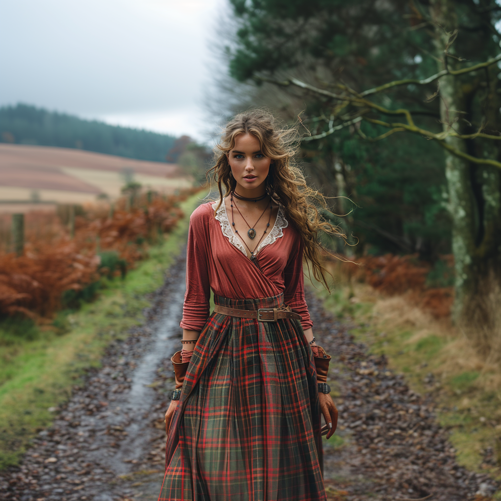 Women's Retro Plaid V-neck Long-sleeve Long Skirt Pastoral Style Maxi Long Dress