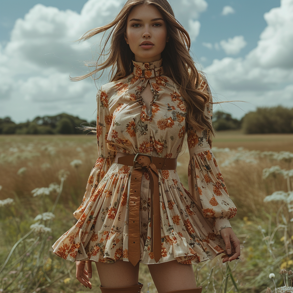 Women's Retro Floral Bohemian Pastoral Style Long-sleeved Mini Short Dress