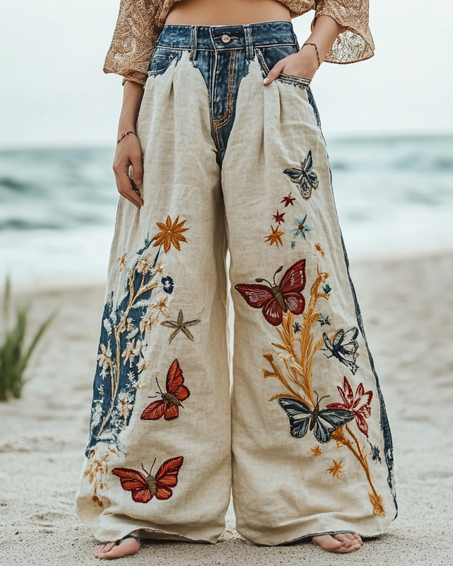 Summer Vacation Lace Handmade Floral Embroidery Pants 48c5