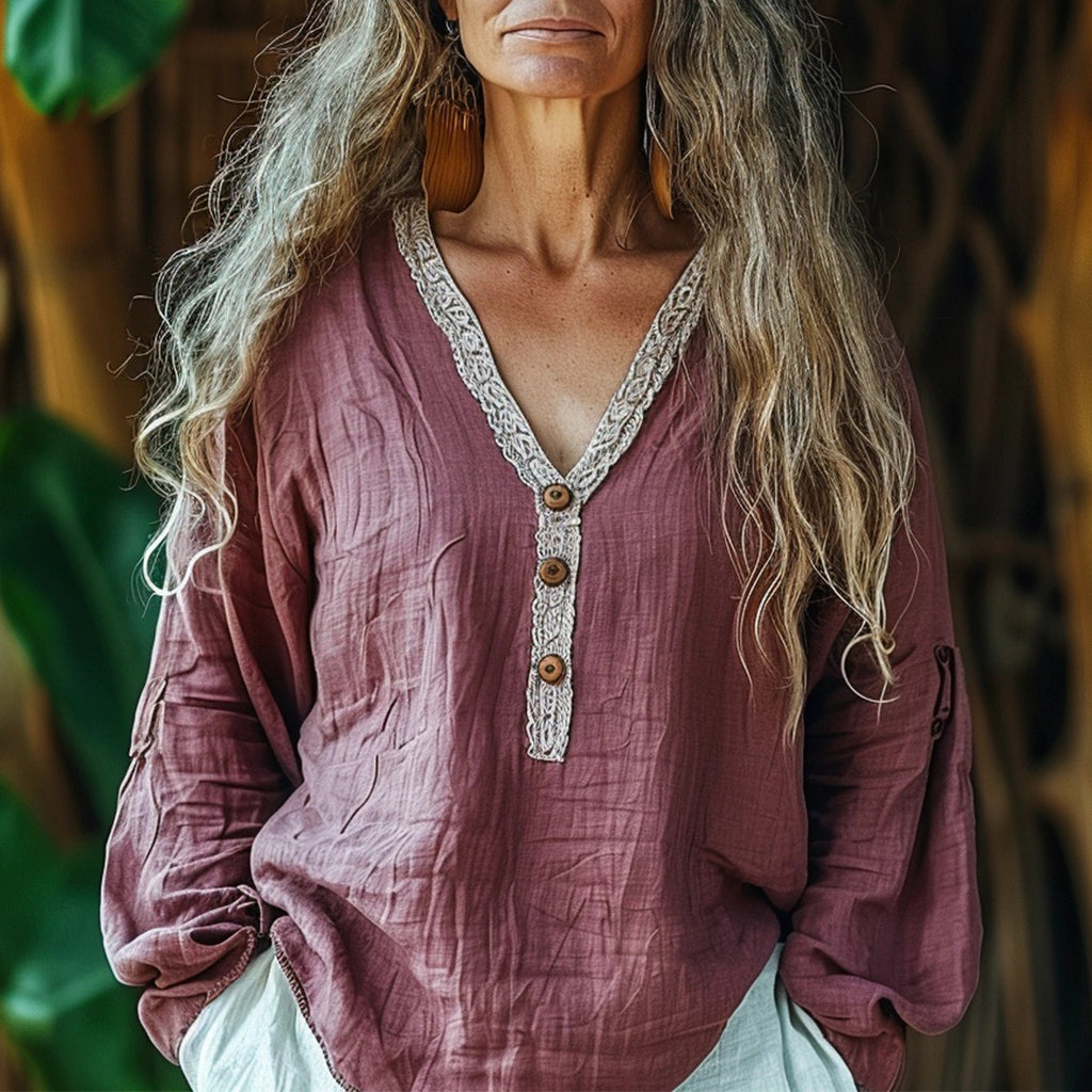 Women's Bohemian Linen V-neck Simple Loose Long-sleeve Top Shirt