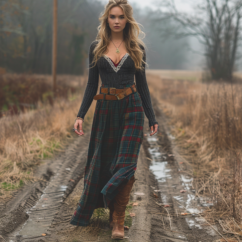 Women's Retro Plaid V-neck Long-sleeve Long Skirt Pastoral Style Maxi Long Dress