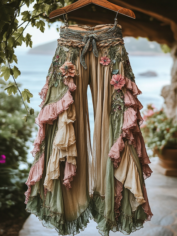 Summer ruffled cotton and linen patchwork contrast color pants 52a7