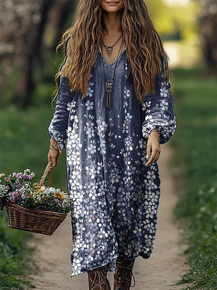 Women's Vintage Floral Art Print Loose V Neck Pocket Cotton Dress