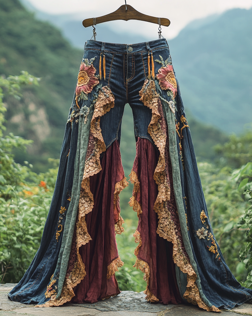 Summer ruffled denim cotton and linen patchwork contrast color pants 208c