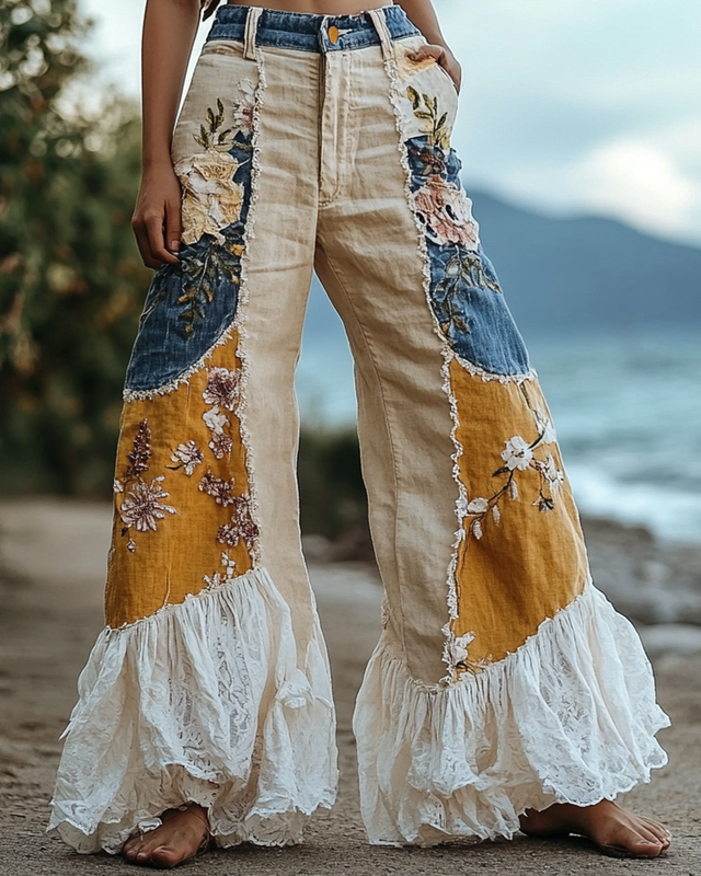 Summer Holiday Lace Handmade Patchwork Pants f613