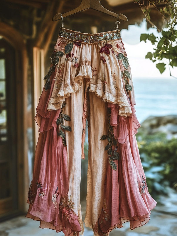 Summer ruffled cotton and linen patchwork contrast color pants 4b98