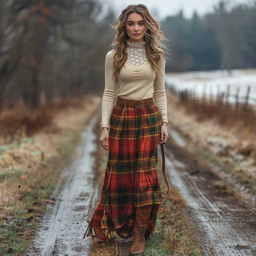 Women's Retro Plaid High Collar Long Sleeve Long Skirt Pastoral Style Maxi Long Dress