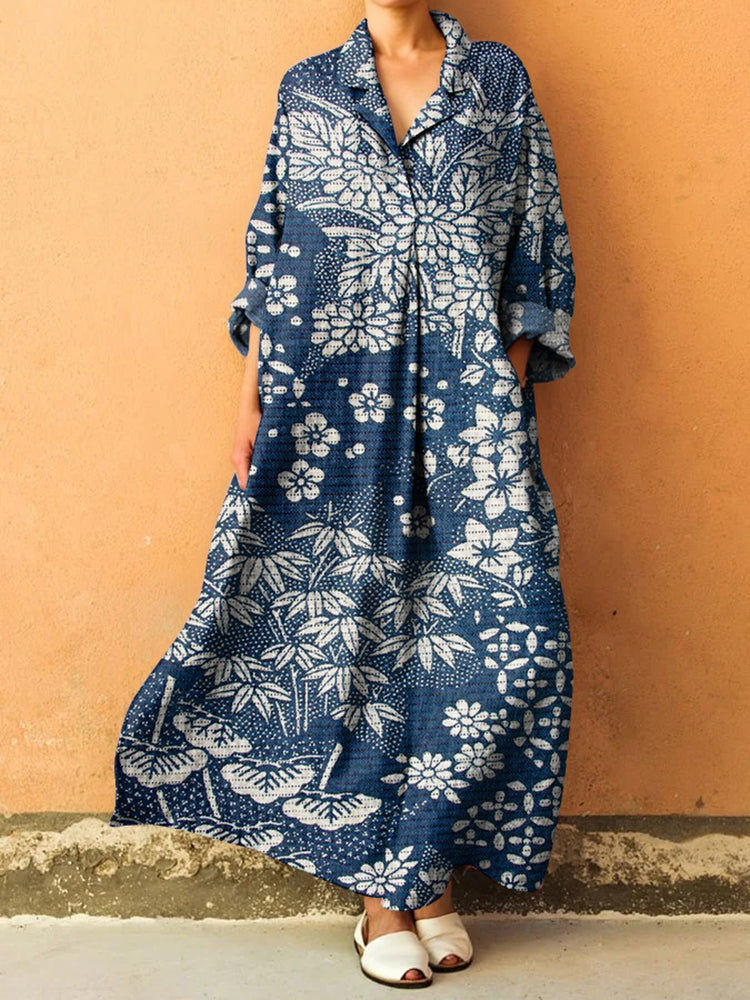 Vintage Japanese Art Flower Print Lapel Loose Maxi Dress