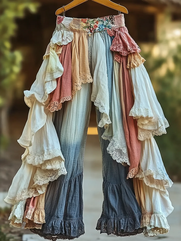 Summer rainbow lace hand-embroidered patchwork pants 04af