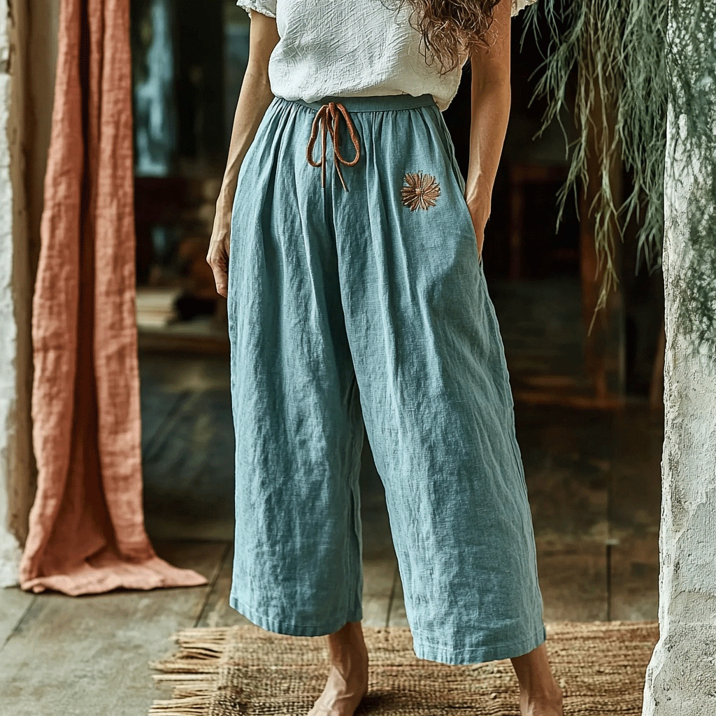Women's Linen Bohemian Floral Wide-leg Casual Cropped Trouser Pants