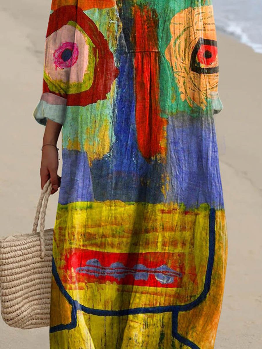 Women's Vintage Abstract Figure Painting Art Print Casual Dress