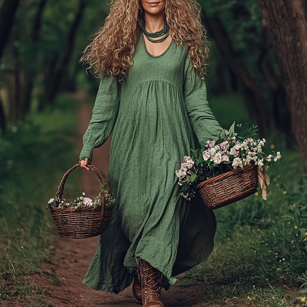 Women's Linen Bohemian Style Solid Casual Simple Long-sleeve Maxi Long Dress