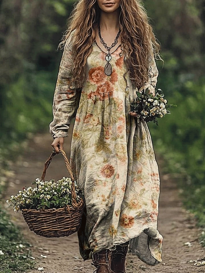 Women's Lovely Floral Art Print Pocket Cotton Dress