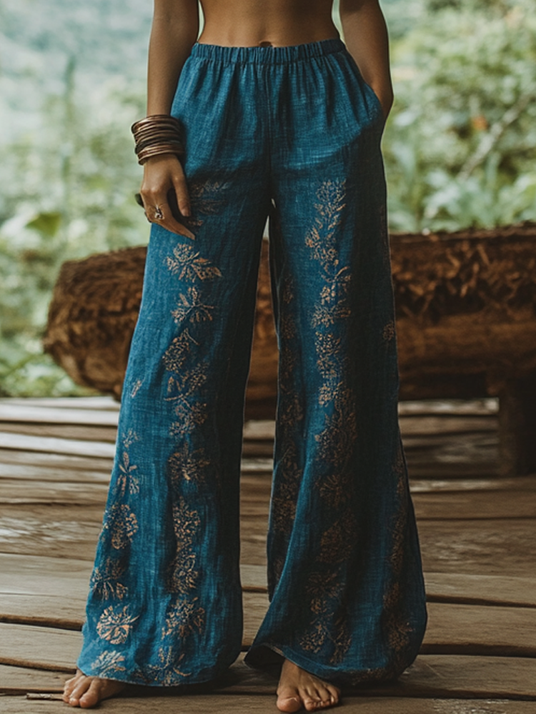 Bohemian Holiday Style Linen Bohemian Ethnic Totem Print Linen Long Loose Wide-leg Pants 9d18