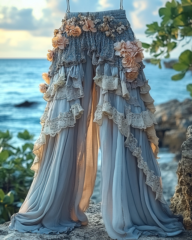 Summer Holiday Ruffle Color Gradient Splicing Linen Pants 37fa