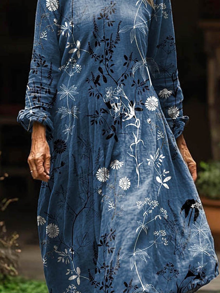 Women's Vintage Lovely Floral Art Print Pocket Cotton Dress