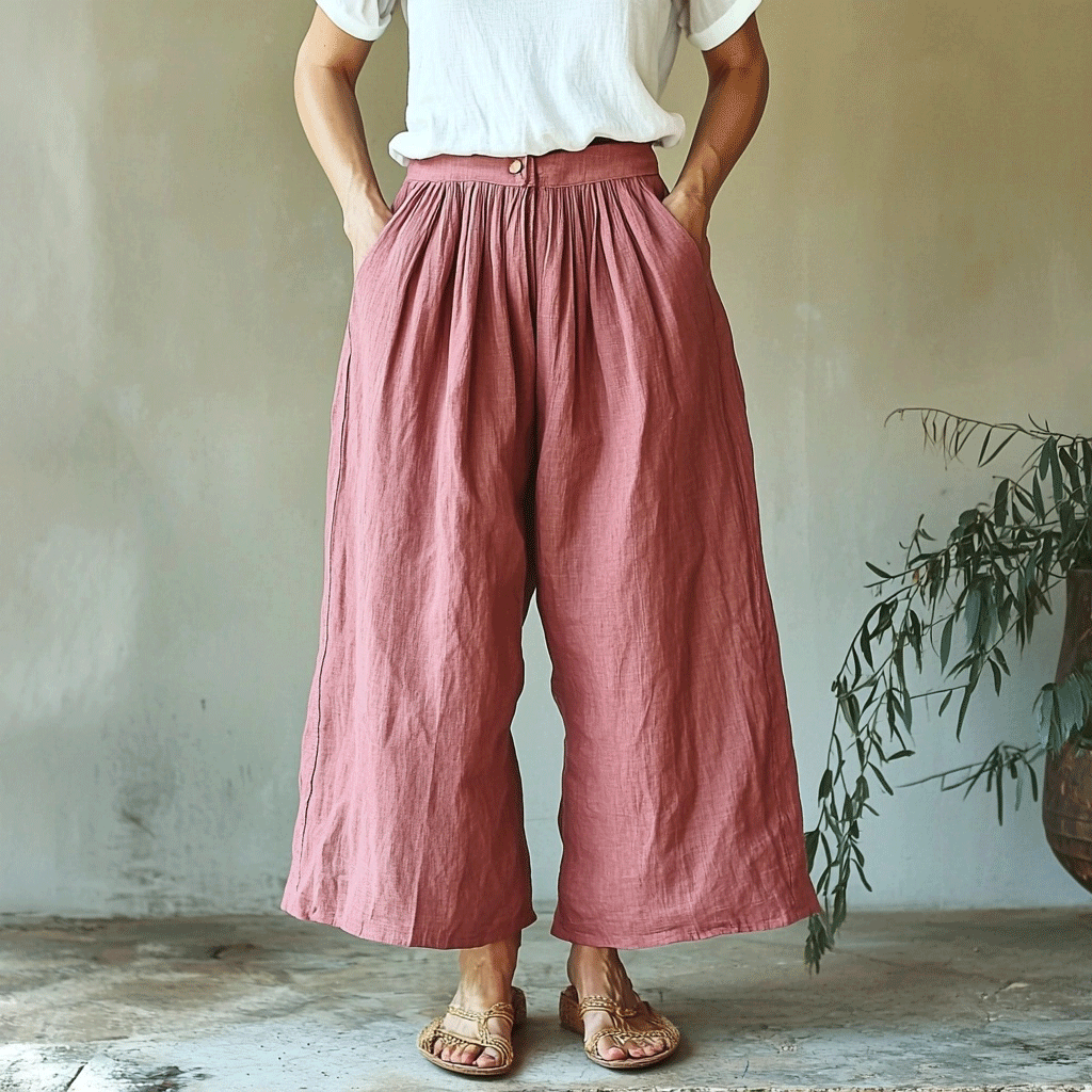 Women's Solid Linen Cropped Wide-leg Trouser Pants
