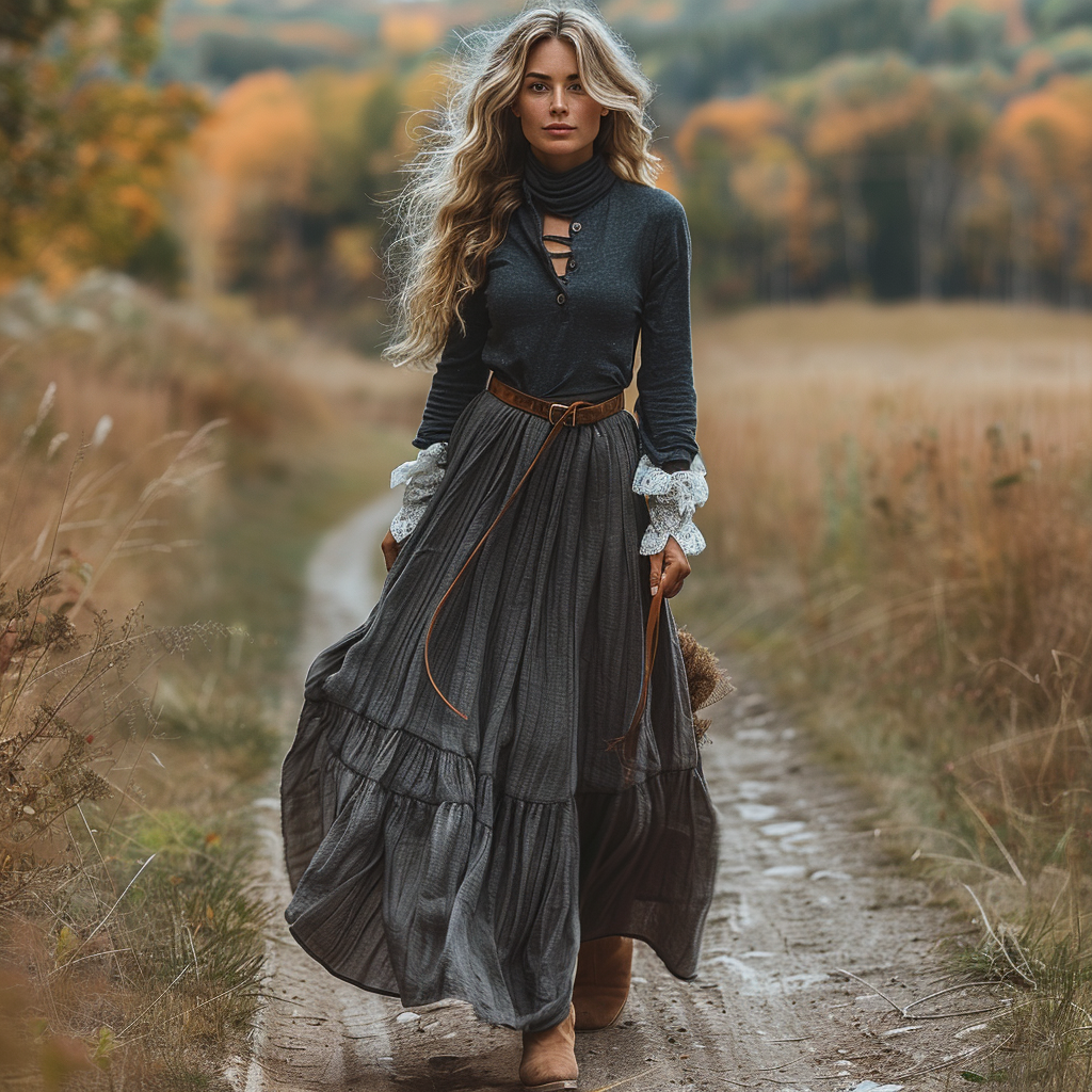 Women's Vintage Paneled Linen Long-sleeve Maxi Long Dress