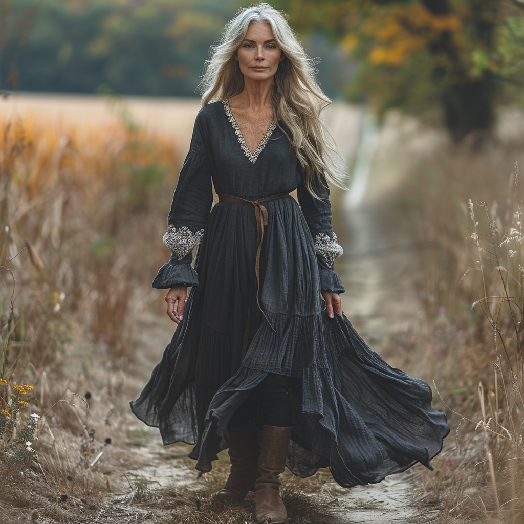 Women's Vintage Pastoral Style V-neck Linen Long-sleeve Maxi Long Dress