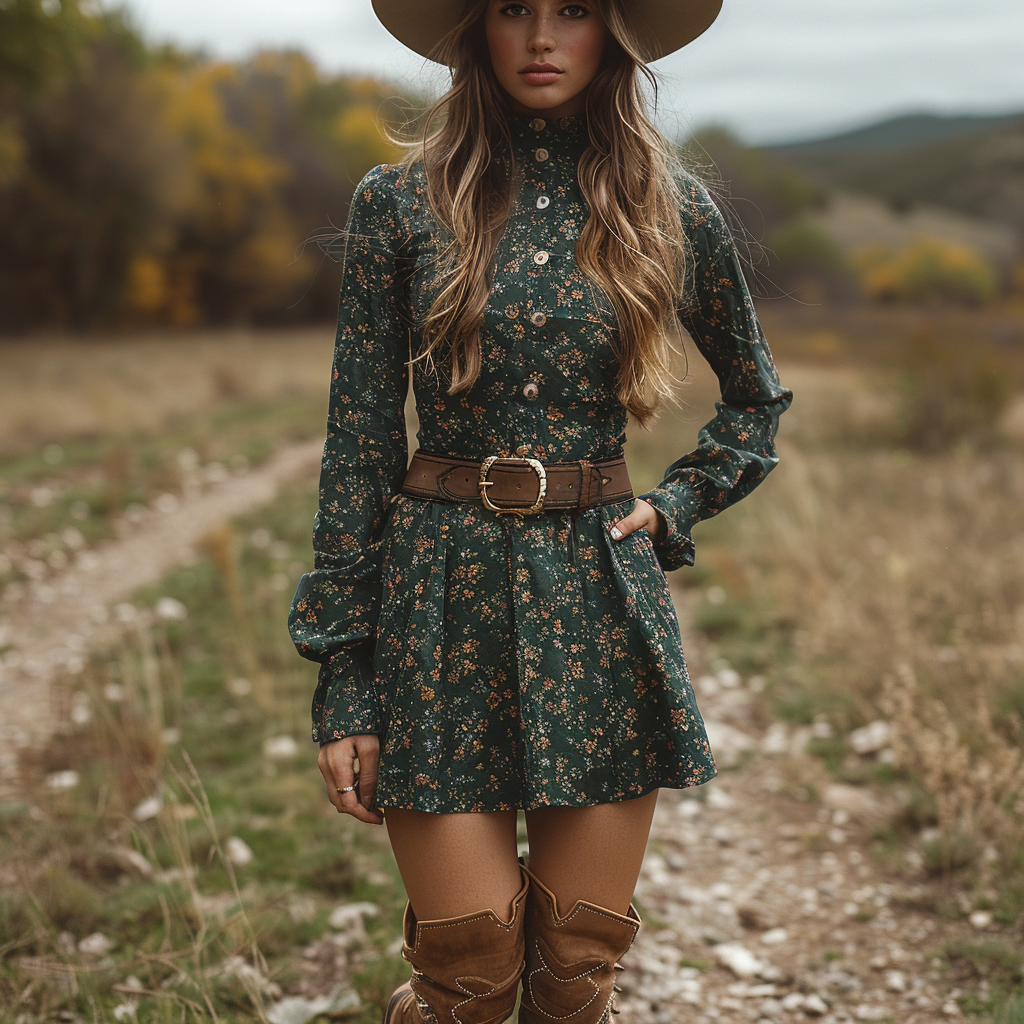 Women's Retro Floral Bohemian Pastoral Style Long-sleeved Mini Short Dress