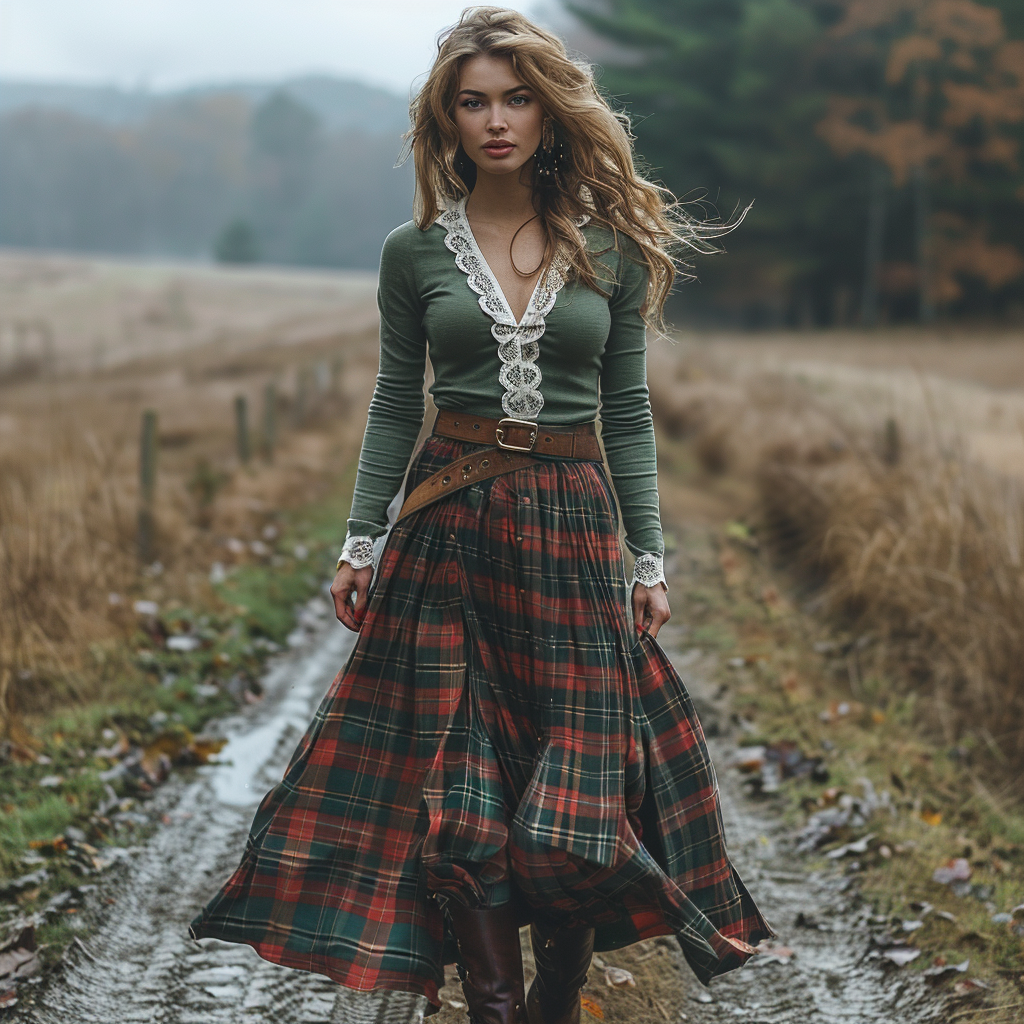Women's Retro Plaid V-neck Long-sleeve Long Skirt Pastoral Style Maxi Long Dress