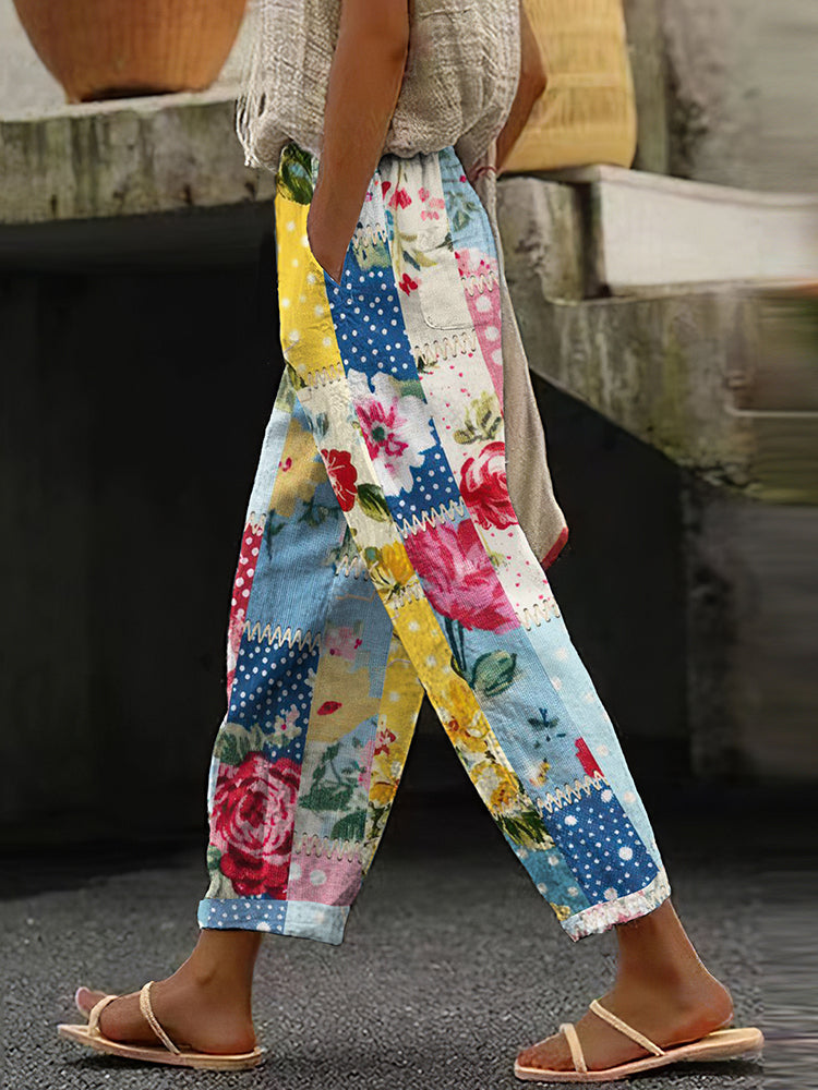 Women's Vintage Floral Patchwork Cotton And Linen Casual Pants 3df3