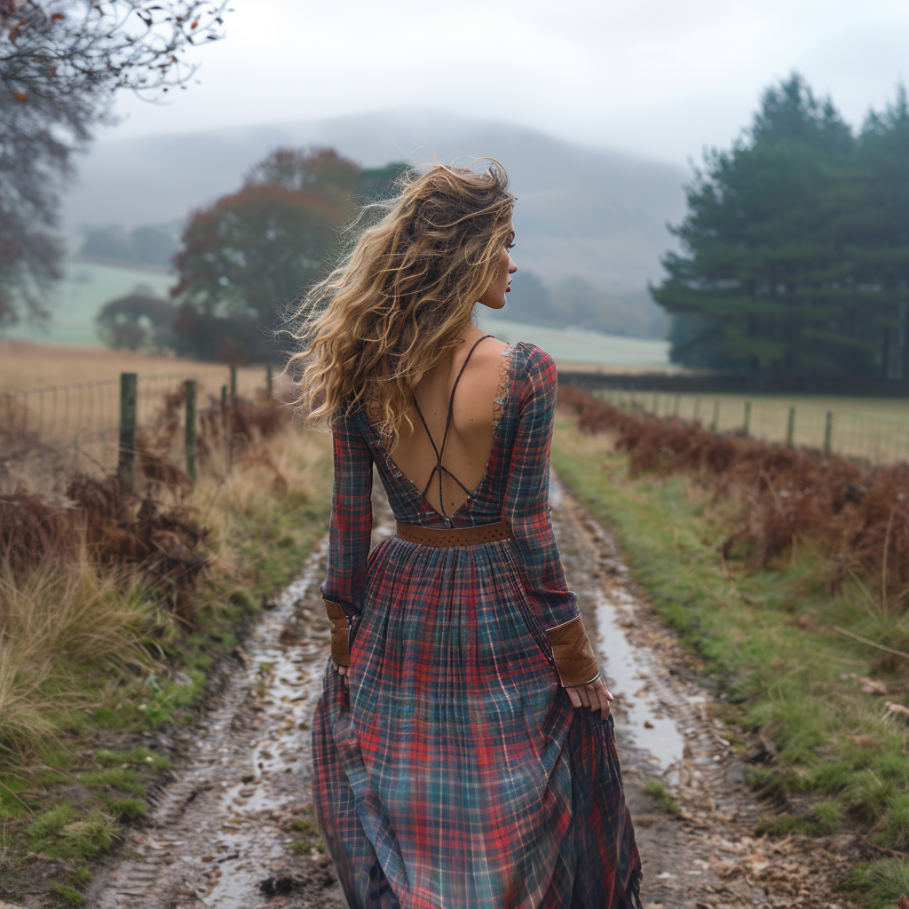 Women's Retro Pastoral Style Plaid Long-sleeve Sexy Maxi Long Dress