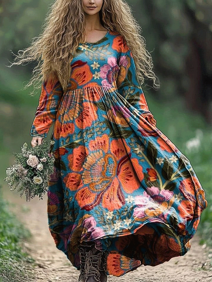 Women's Vintage Floral Art Print Pocket Cotton Dress