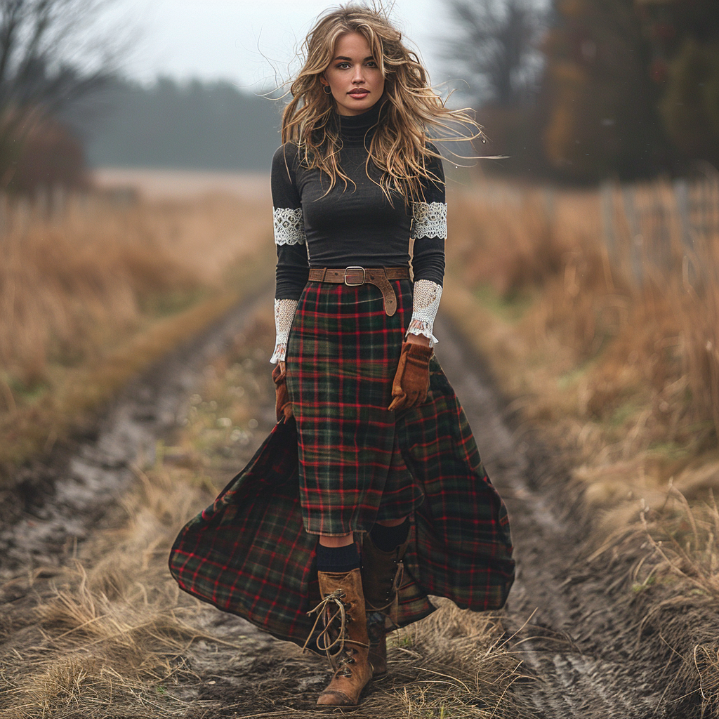 Women's Retro High Neck Long-sleeve Long Skirt Plaid Pastoral Style Maxi Long Dress