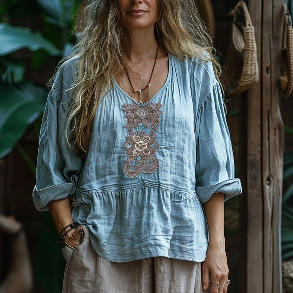 Women's Linen Bohemian Casual Simple Long-sleeve Top Shirt