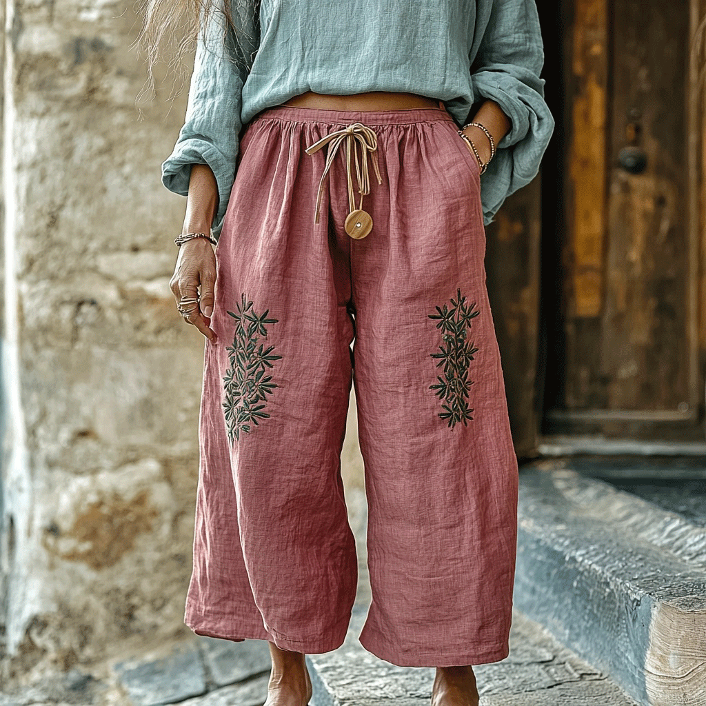 Women's Linen Bohemian Cropped Casual Wide-leg Trouser Pants