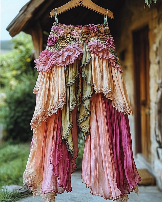 Summer ruffled cotton and linen patchwork contrast color pants 5895