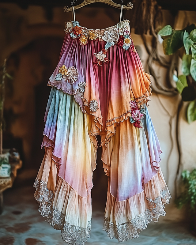 Summer Holiday Ruffle Color Gradient Splicing Linen Pants 3117