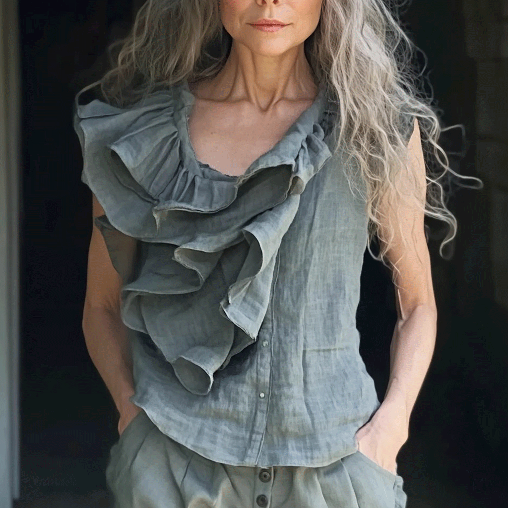Women's Linen Asymmetric Ruffle Short-sleeve Top Shirt