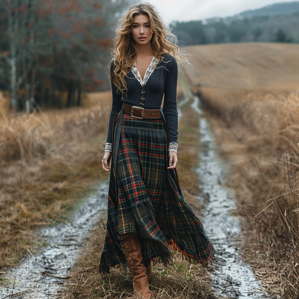 Women's Retro Plaid V-neck Long-sleeve Long Skirt Pastoral Style Maxi Long Dress