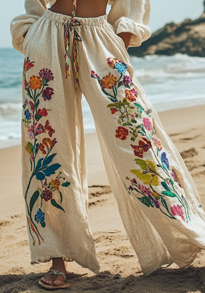 Floral And Botanical Embroidery Linen Lounge Pants 703a
